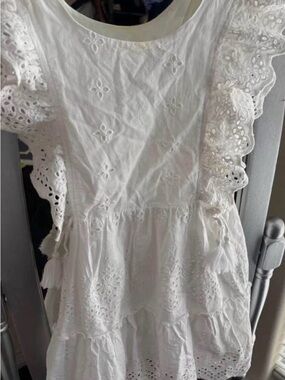 Zara White Eyelet Cotton Tiered Dress with Scallop Sleeves